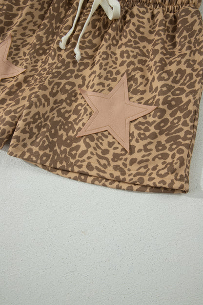 Khaki Leopard Drawstring Elastic Waist Star Patched Shorts