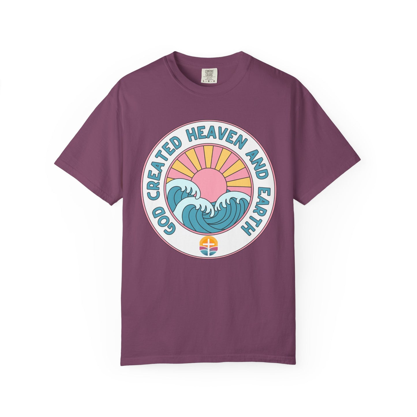 Faith Sunrise T-Shirt — "God Created Heaven and Earth" Retro Wave Tee