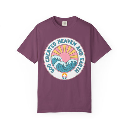 Faith Sunrise T-Shirt — "God Created Heaven and Earth" Retro Wave Tee