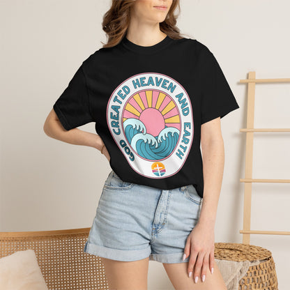 Faith Sunrise T-Shirt — "God Created Heaven and Earth" Retro Wave Tee