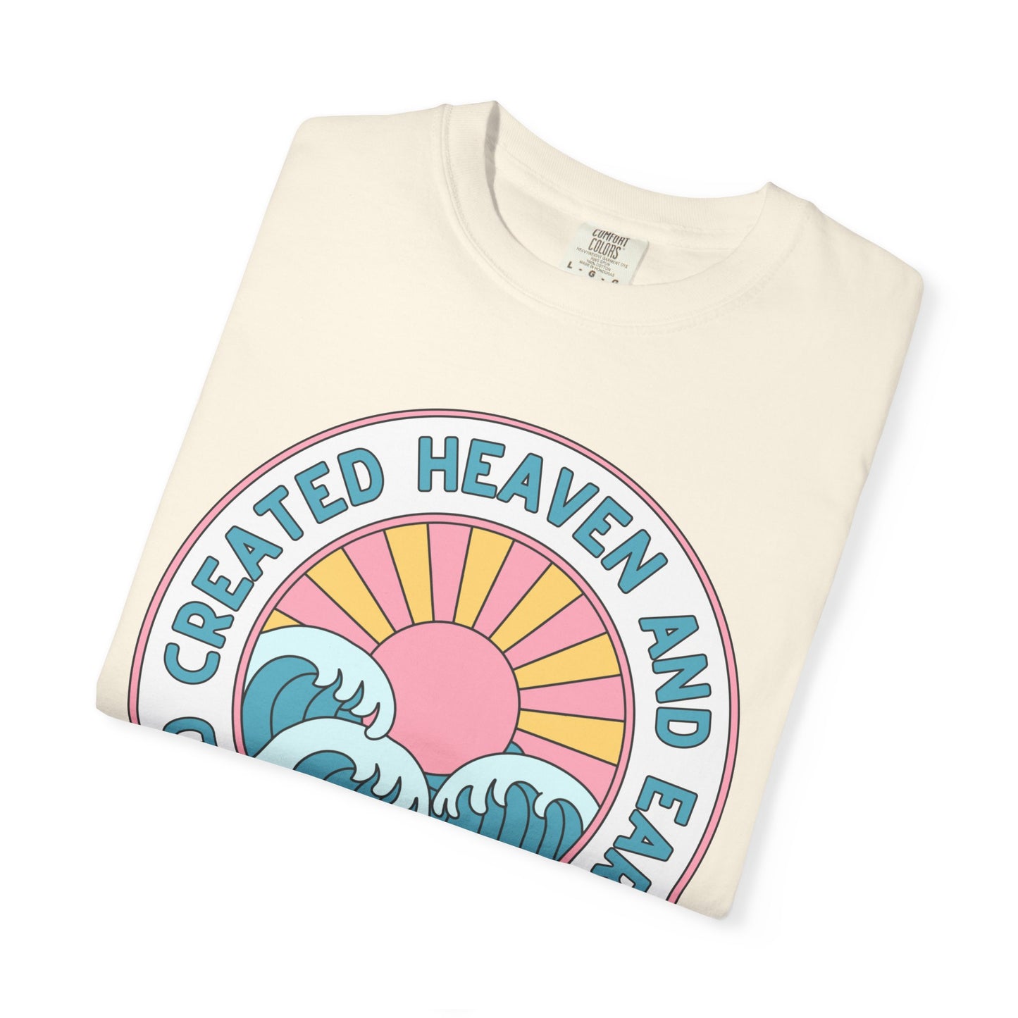 Faith Sunrise T-Shirt — "God Created Heaven and Earth" Retro Wave Tee