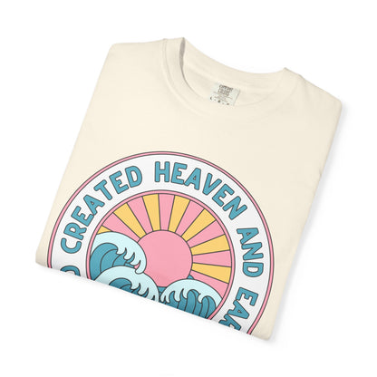 Faith Sunrise T-Shirt — "God Created Heaven and Earth" Retro Wave Tee