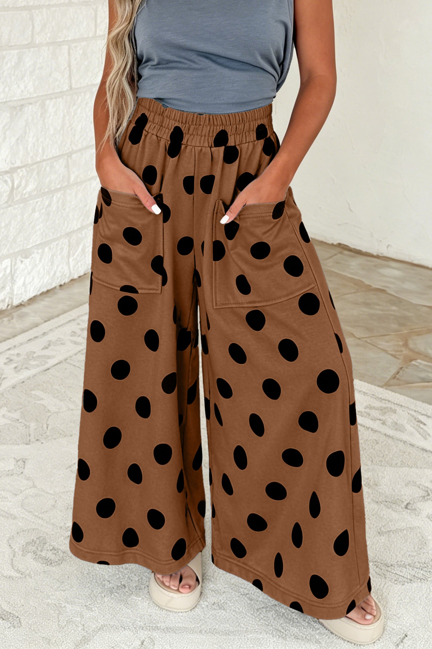 Khaki Polka Dot Wide Leg Elastic Waist Casual Pants