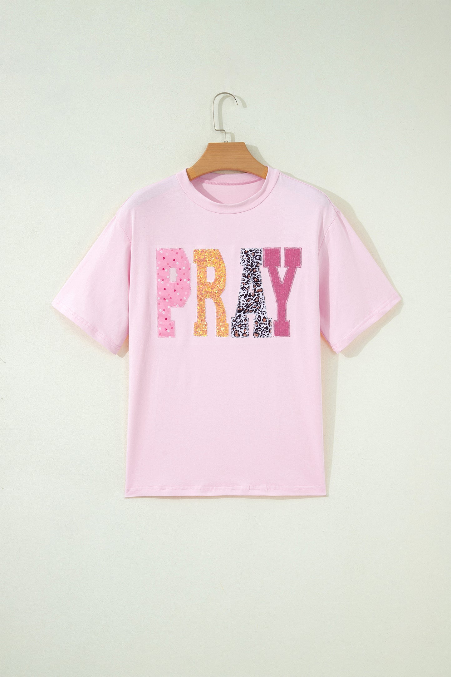 Pink PRAY Sequin Leopard Multiple Patched Graphic Tee