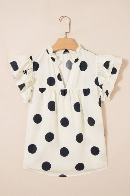 Apricot Casual Polka Dot V-Neck Ruffle Short Sleeve Shift Blouse