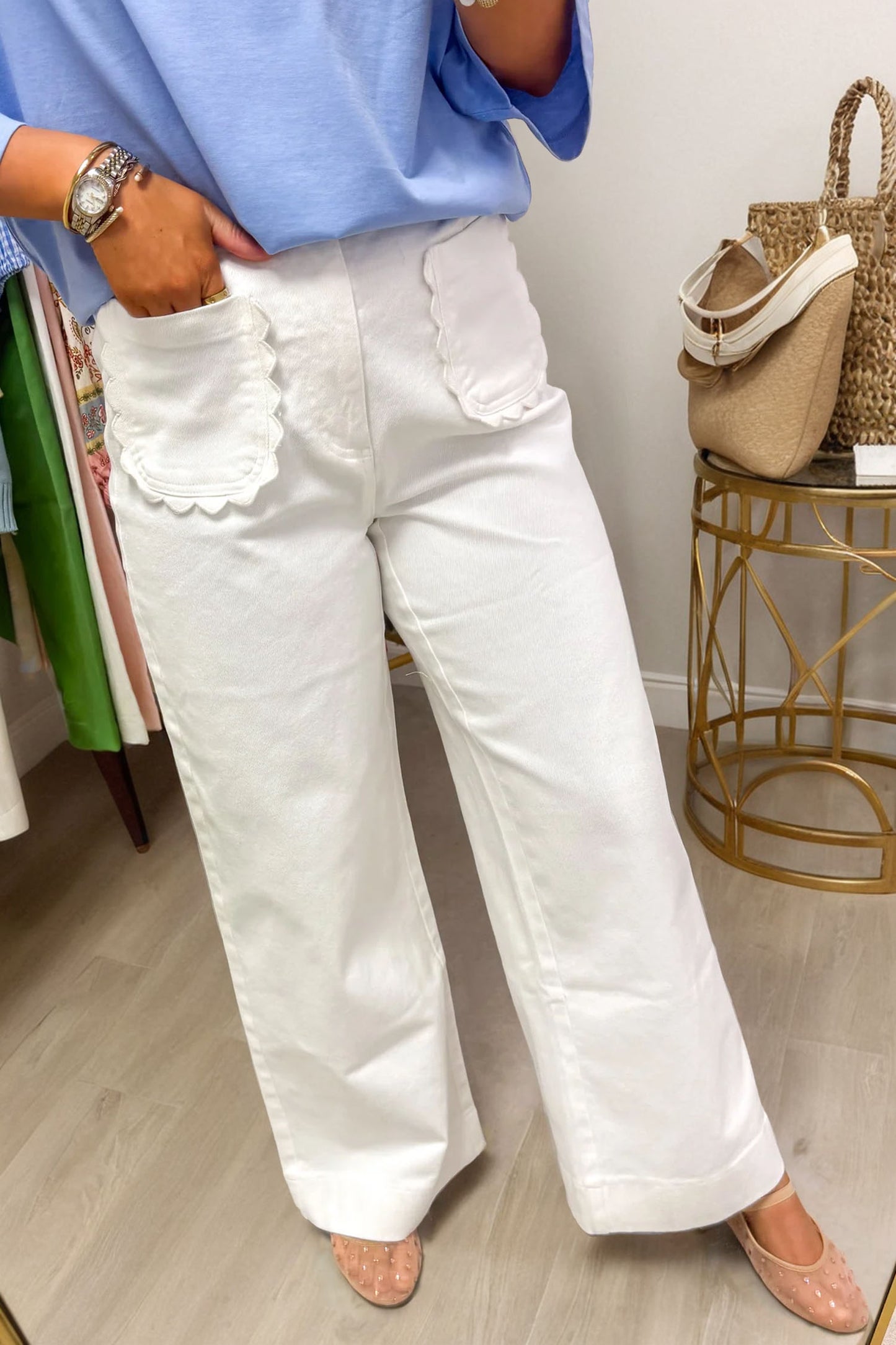 Yellow Solid Color Scalloped Patch Pocket Shift Jeans