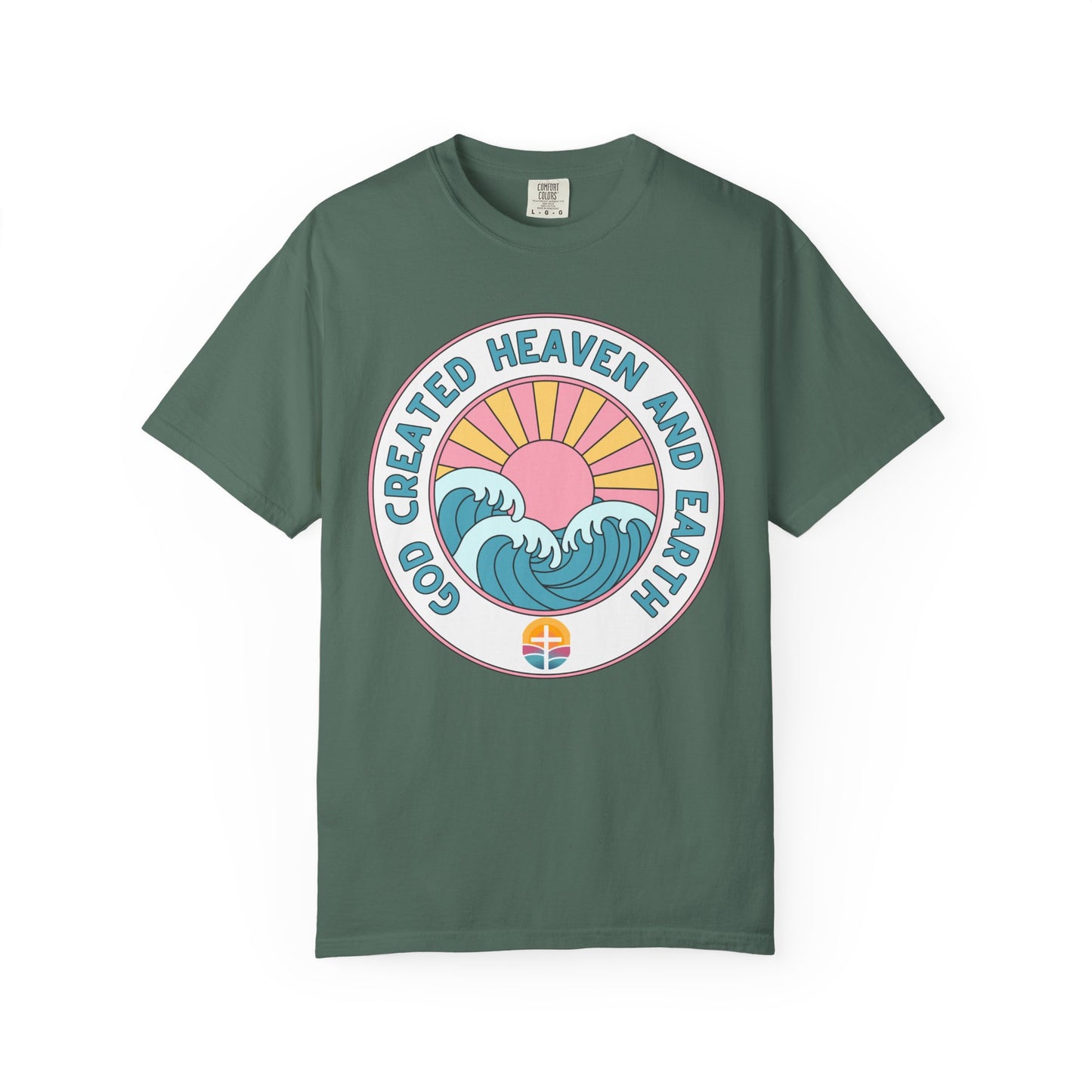 Faith Sunrise T-Shirt — "God Created Heaven and Earth" Retro Wave Tee