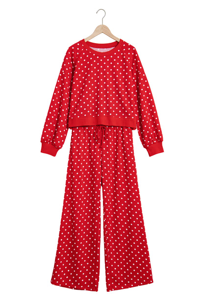 Brown Polka Dot Drawstring Wide Leg Long Sleeve Top Pant Set