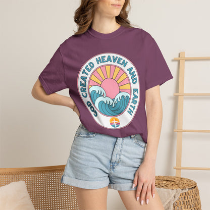 Faith Sunrise T-Shirt — "God Created Heaven and Earth" Retro Wave Tee