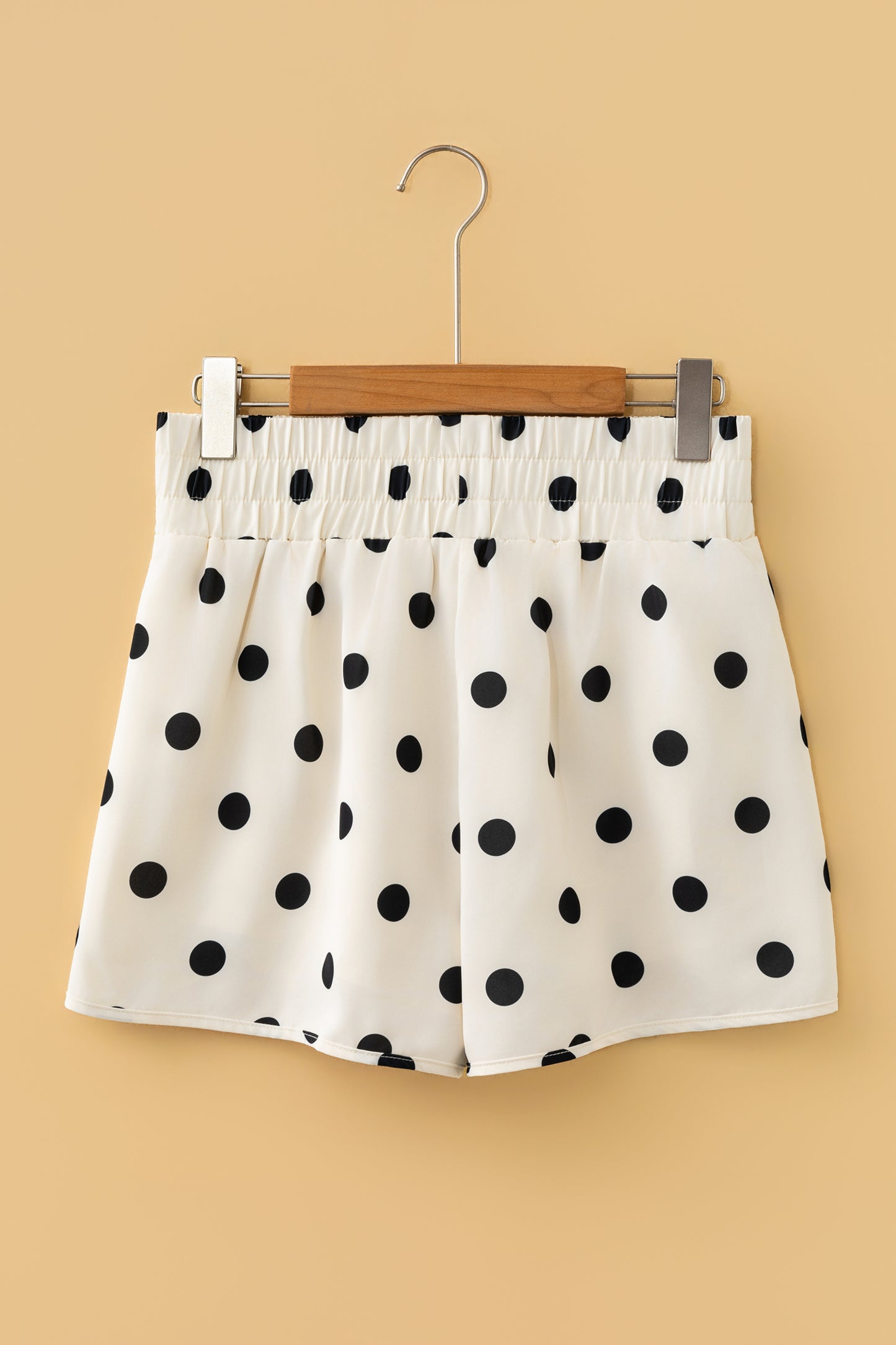 Apricot Polka Dot Print Shirred High Waist Casual Shorts