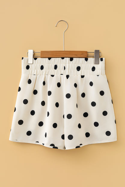 Apricot Polka Dot Print Shirred High Waist Casual Shorts