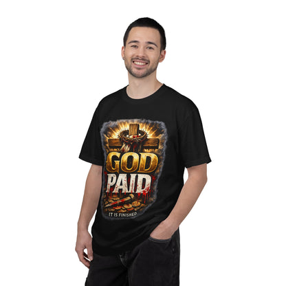Christian T-Shirt "God Paid — It Is Finished" | Cross & Resurrection Faith Tee