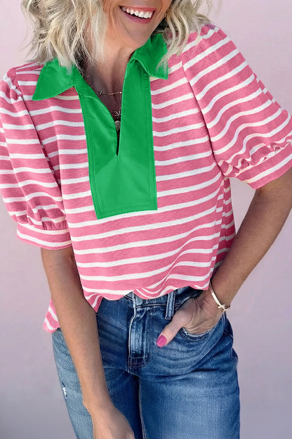 Black Stripe Short Puff Sleeve Color Block Polo Collar Blouse