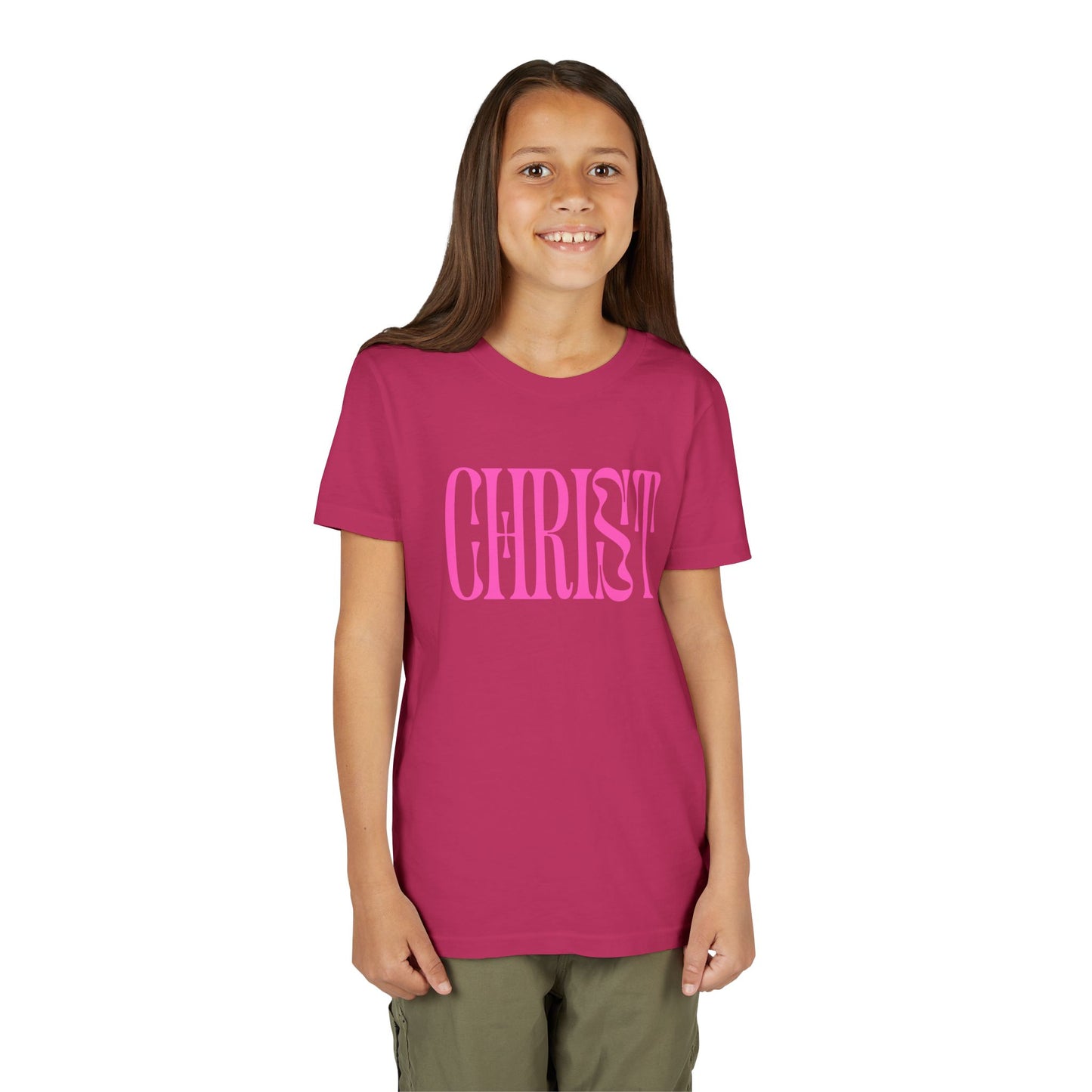 Youth Tee - 'CHRIST' Pink Gospel Logo Christian T-Shirt