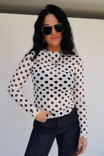 White Polka Dot Mesh Long Sleeve Stand Neck Sheath Top
