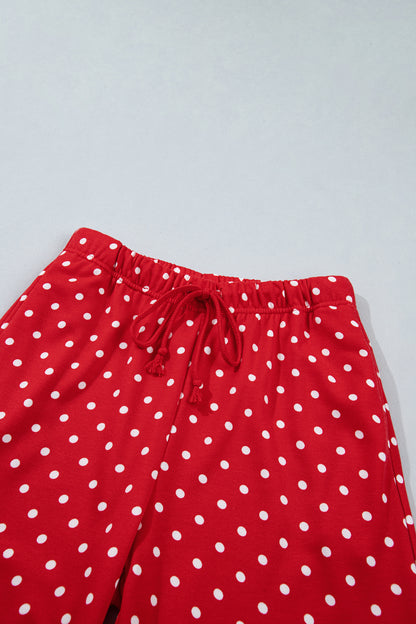 Brown Polka Dot Drawstring Wide Leg Long Sleeve Top Pant Set