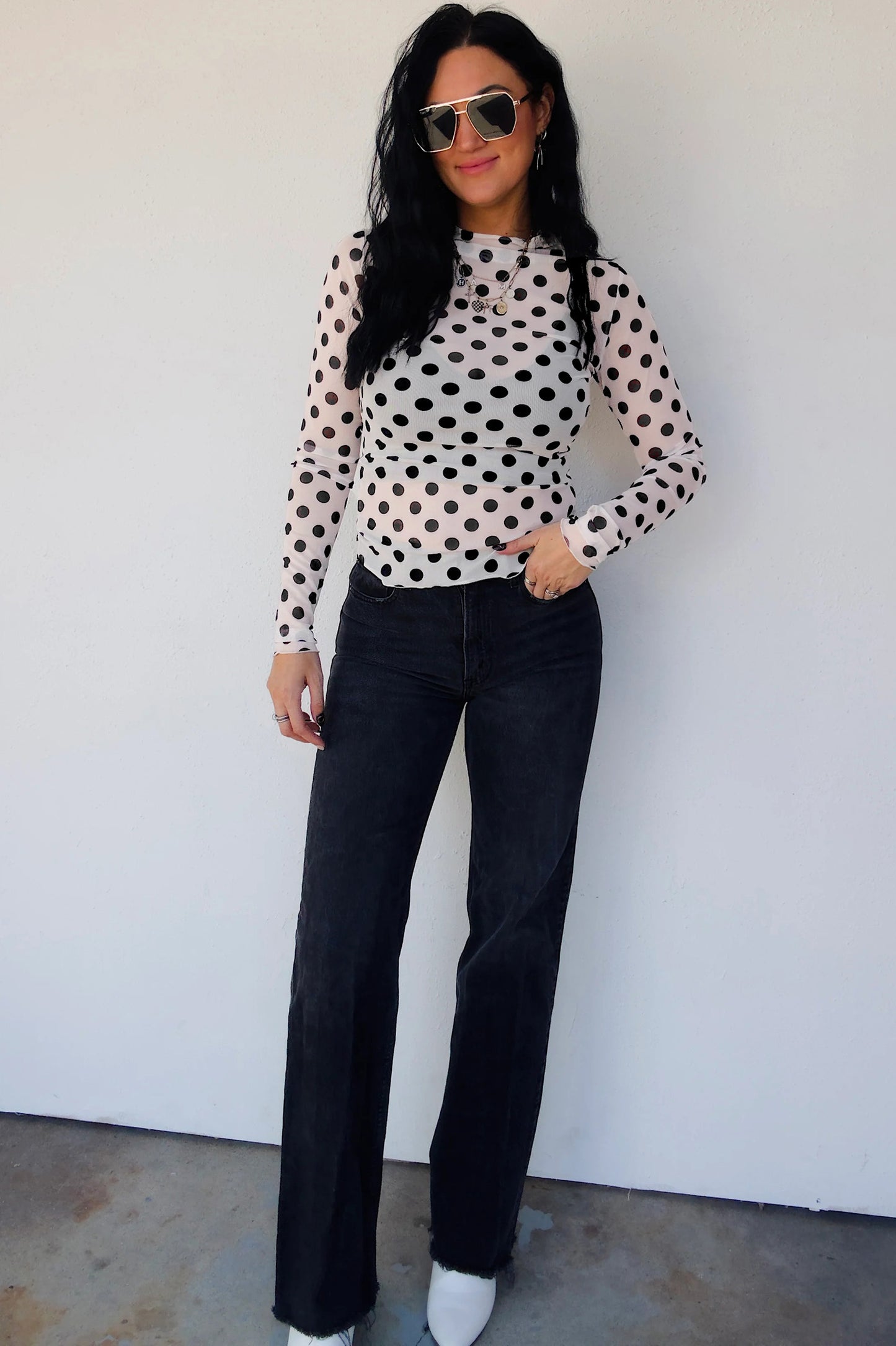 White Polka Dot Mesh Long Sleeve Stand Neck Sheath Top