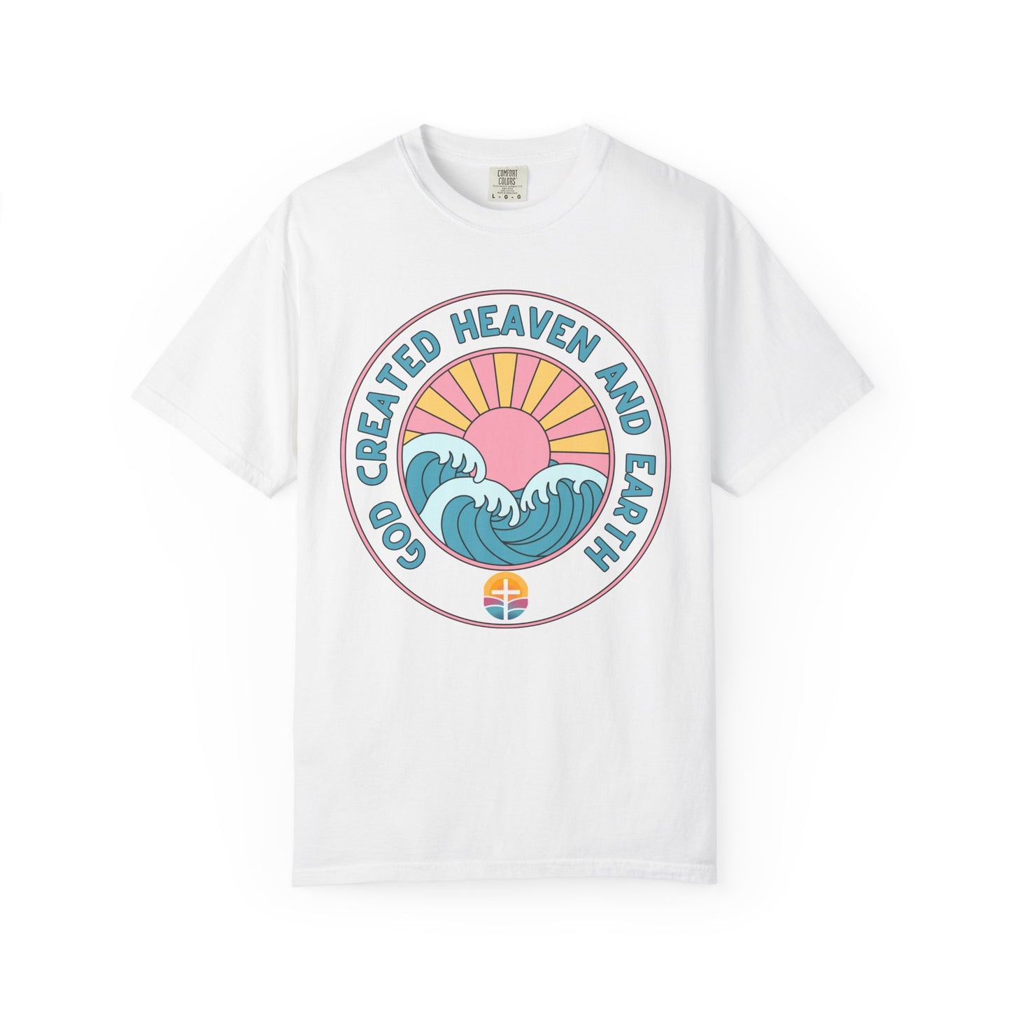 Faith Sunrise T-Shirt — "God Created Heaven and Earth" Retro Wave Tee