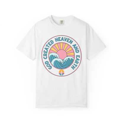 Faith Sunrise T-Shirt — "God Created Heaven and Earth" Retro Wave Tee