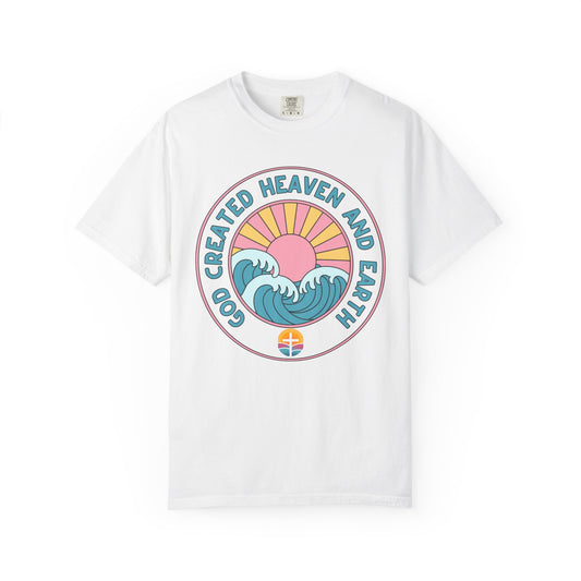 Faith Sunrise T-Shirt — "God Created Heaven and Earth" Retro Wave Tee