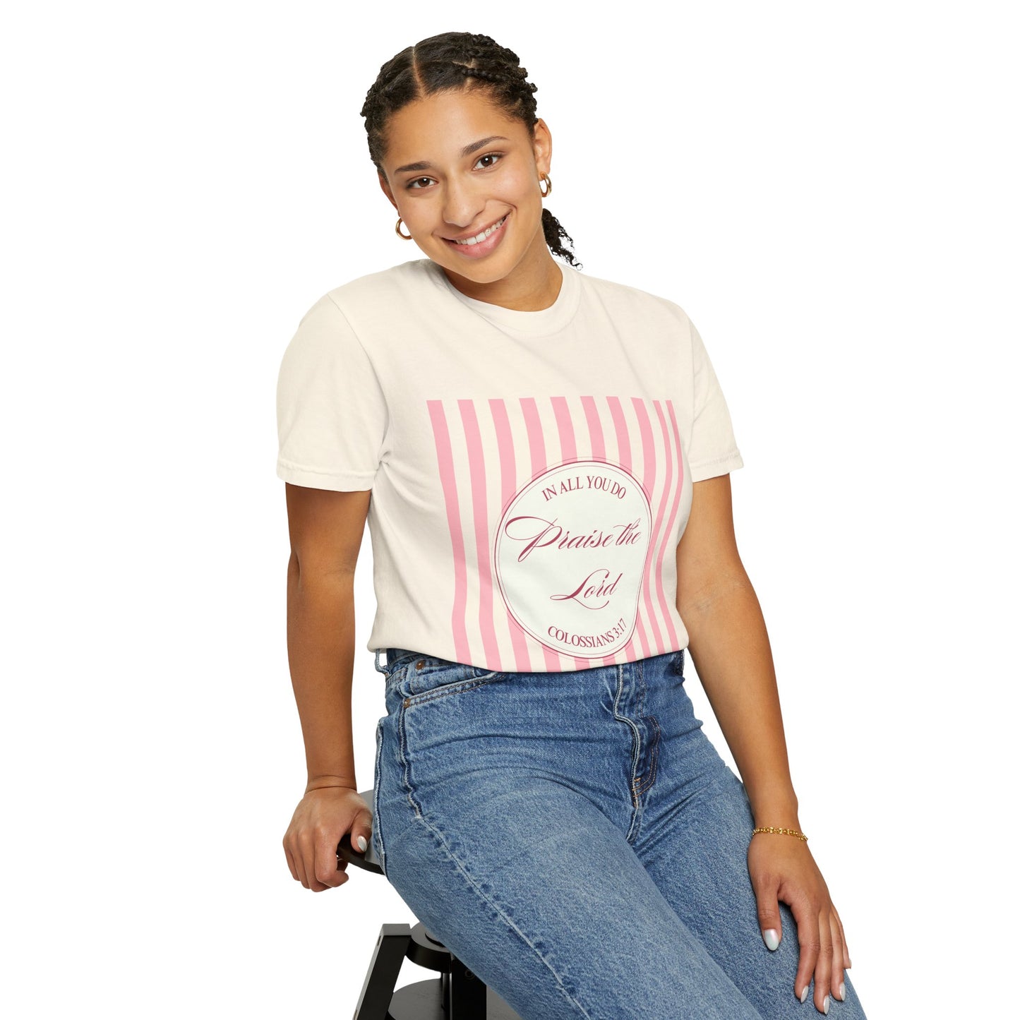Praise the Lord T-Shirt — Pink Striped Christian Faith Tee (Colossians 3:17)