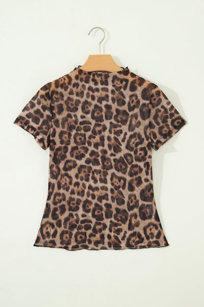 Camel Leopard Printed Mesh Short Sleeve Top