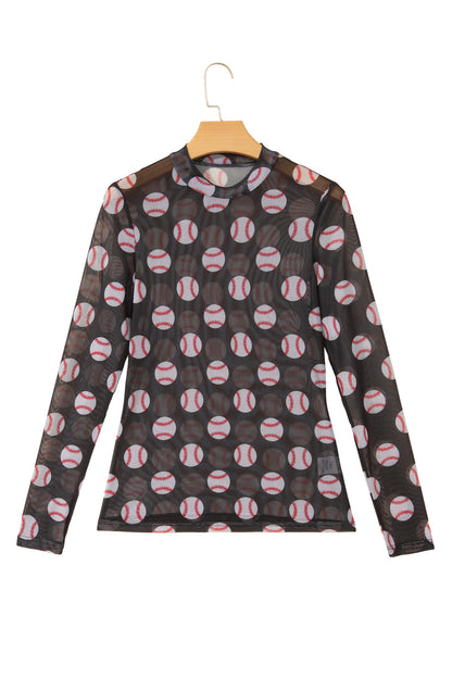 Black Baseball Game Day Sheer Mesh Long Sleeve Top