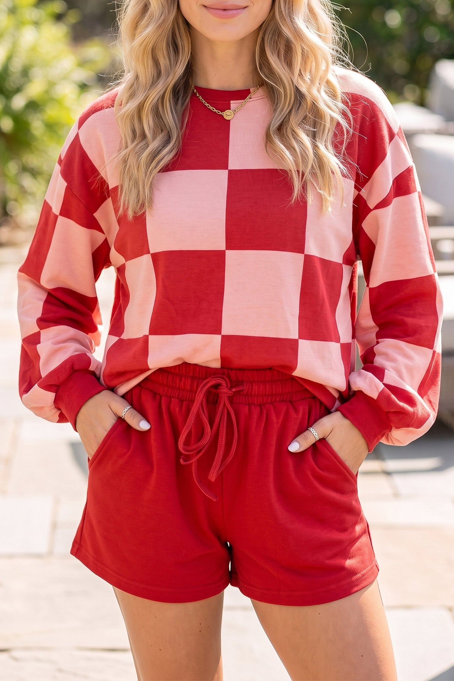 Black Checkerboard Plaid Long Sleeve Solid Color Shorts 2pcs Set