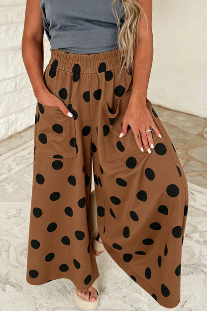 Khaki Polka Dot Wide Leg Elastic Waist Casual Pants