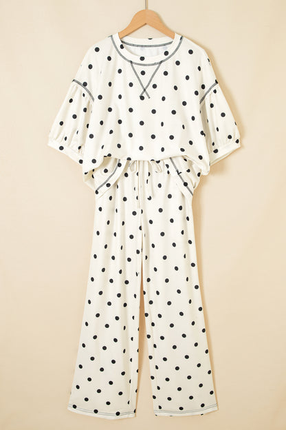 Beige Polka Dot Half Sleeve Loose Top Elastic Waist Casual Pants Set