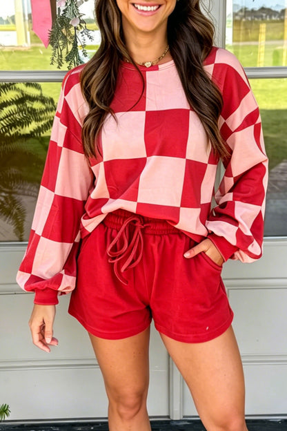 Black Checkerboard Plaid Long Sleeve Solid Color Shorts 2pcs Set