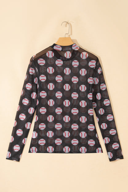 Black Baseball Game Day Sheer Mesh Long Sleeve Top
