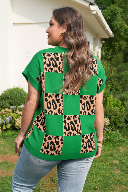 Red Plus Size Leopard Contrasted Checkered Short Sleeve Sweater