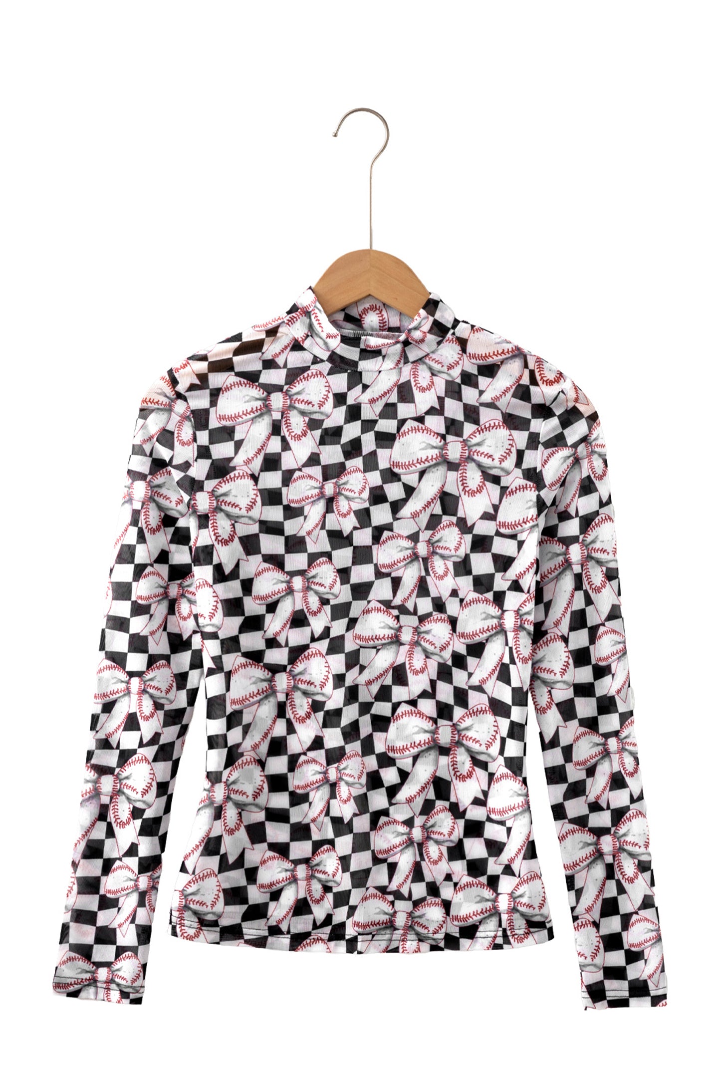 Black Checkered Baseball Bow Print High Neck Long Sleeve Mesh Top
