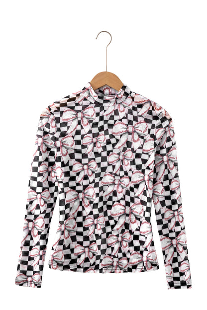 Black Checkered Baseball Bow Print High Neck Long Sleeve Mesh Top
