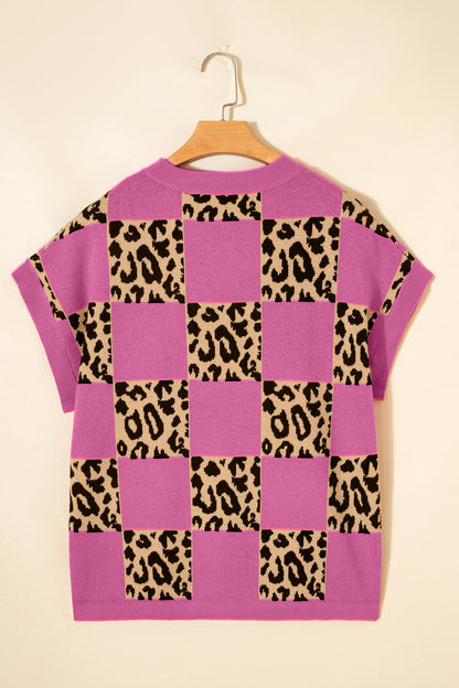 Red Leopard Checkerboard Short Sleeve Knit Sweater
