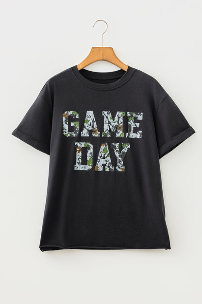 Black Game Day Camo Letter Print Round Neck Casual T Shirt
