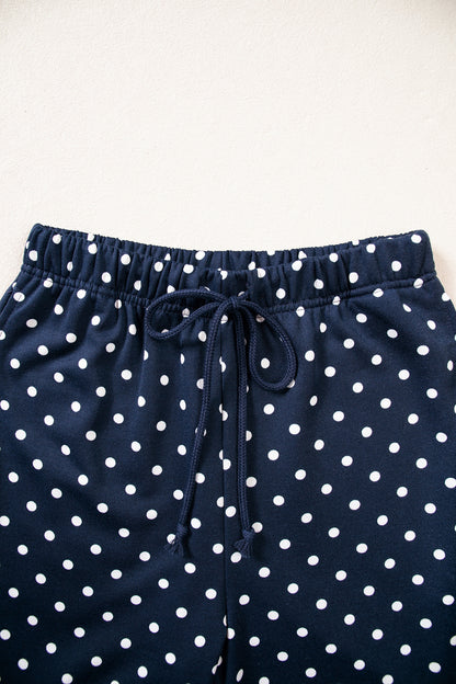 Brown Polka Dot Drawstring Wide Leg Long Sleeve Top Pant Set