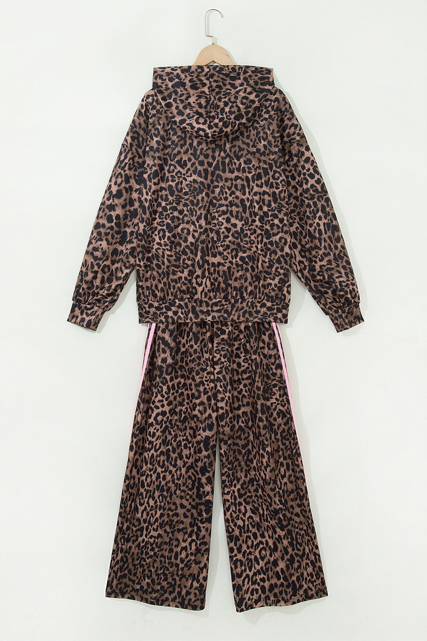 Brown Leopard Print Contrast Striped Detail Long Sleeve Top Pant Set