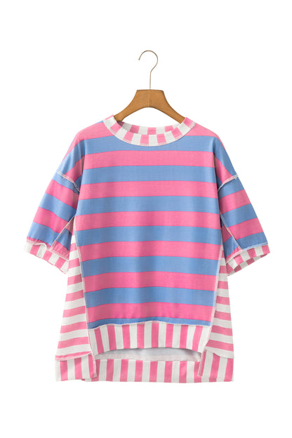 Pink Stripe Exposed Seam Contrast Patchwork Oversized Top