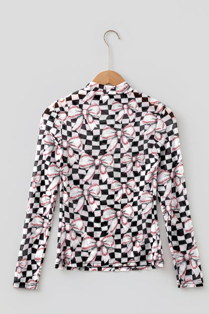 Black Checkered Baseball Bow Print High Neck Long Sleeve Mesh Top