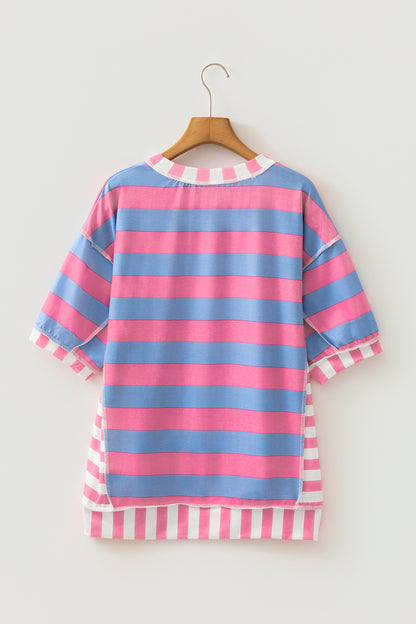 Pink Stripe Exposed Seam Contrast Patchwork Oversized Top
