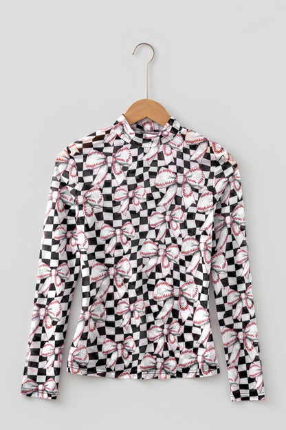 Black Checkered Baseball Bow Print High Neck Long Sleeve Mesh Top