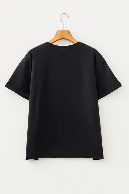 Black Game Day Camo Letter Print Round Neck Casual T Shirt