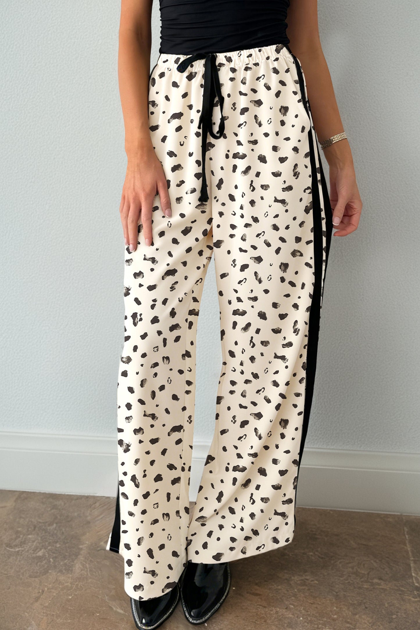 Beige Leopard Print Side Stripe Detail Loose Drawstring Pants