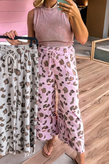 Pink Drawstring Leopard Print Patch Pocket Loose Pants